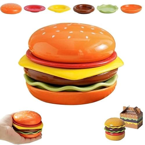 BoniIllusion Cute Hamburger Ceramic Dinnerware Set, 6-Piece Stackable Plates and Bowls Set with Lid, Microwave Safe Dinner Dessert Bowls Plates for Home Party (1-Pcs) - Image 1