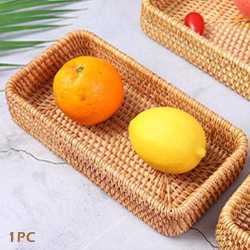 Rattan Serving Trays, Rectangle Decorative Display Tray, Storage Tray, Toilet Tank Paper Trays, Desktop Organiser Platters for Kitchen, Makeup, Vanity, Napkin, Candle, Ornament (Color:Brown) thumbnail 5