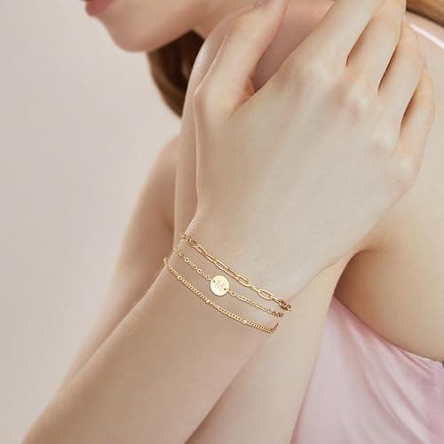 LDOWWGL Valentines Day Gifts - Gold Initial Bracelets for Women - 18K Gold Plated over Stainless Steel Letter Charm Bracelet with Layered A to Z Design - Birthday Christmas Jewelry Gifts thumbnail 5