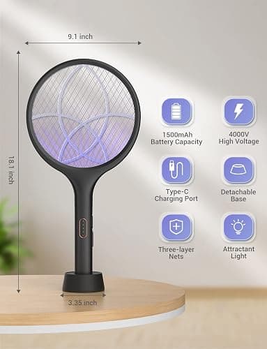 YISSVIC Electric Fly Swatter 4000V Bug Zapper Racket Dual Modes Mosquito Killer with Purple Mosquito Light Rechargeable for Indoor Home Office Backyard Patio Camping (Black-1 Pack) thumbnail 2