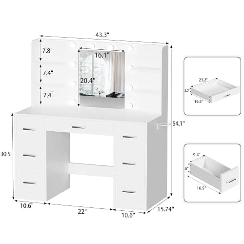 YESHOMY Vanity Desk with Mirror, Power Outlet and 10 Lights, Makeup Table with 7 Drawers, 3 Color Modes Available for Bedroom, White thumbnail 2