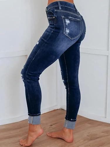 KUNMI Women's Ripped Skinny Slim Fit Jeans Frayed Distressed Stretchy Denim Pants thumbnail 2
