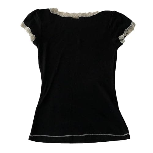 Womens E-Girls Short Sleeve T-Shirt Y2k Lace Trim Crop Tops Crewneck Fairy Grunge Tee Tops Aesthetic Summer Clothes - Small - Black thumbnail 3