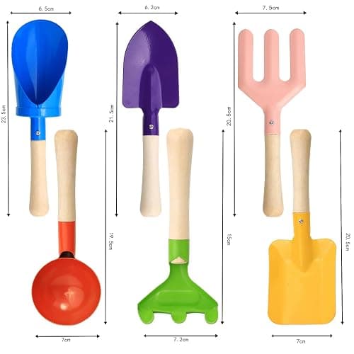 6 PCS 8" Kids Gardening Tools, Metal Beach Sandbox Digging Toys with Sturdy Wooden Handle, Safe Backyard Snow Sensory Playset Including Cylinder, Spoon, Fork, Rake, Flat & Pointed Shovels for Children thumbnail 3