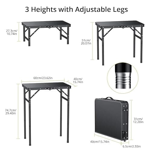 Anbte 2ft Folding Camping Table Max 29.5", 3 Adjustable Height Aluminum Small Folding Table with Storage Net & Portable Handle, Lightweight, for Travel Outdoor Beach Picnic Camp, 23.2" x 16", Black thumbnail 3