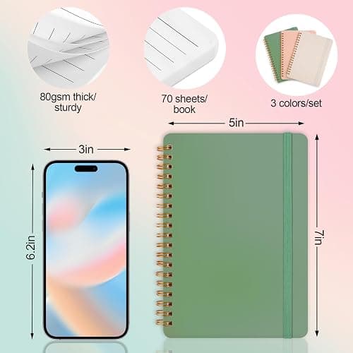 Utron 3 PCS Small Spiral Notebook 5x7, Notebooks for Note Taking, Morandi Spiral Journal Notebook, Work Notebook Small Notebooks 5x7 with Strap, Cute Notebooks for Women 70 Sheets/Note Books - 5x7 - Biege,Pink,Green thumbnail 2