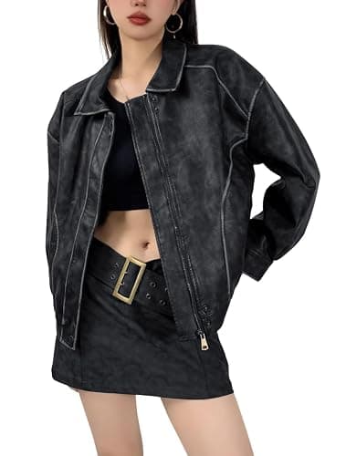 Distressed Faux Leather Bomber Jacket - Image 1