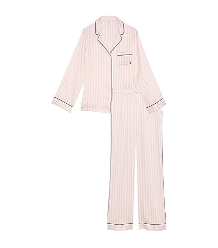 Victoria's Secret Satin Pajama Set, Long Sleeve Button Down Shirt & Pants, Sleepwear for Women (XS-XXL) - Small - Pink Iconic Stripe (New Look)