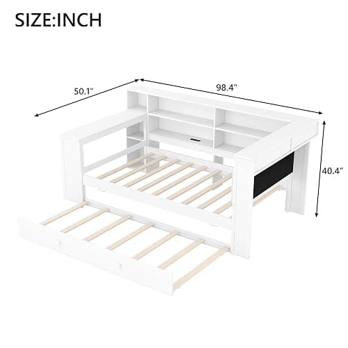 Merax Multifunctional Twin Size Daybed with Trundle, Built-in Desk, Wood Corner Bed with 8 Storage Shelves, Charging Station, and Upholstered Headboard, Beige + White thumbnail 2