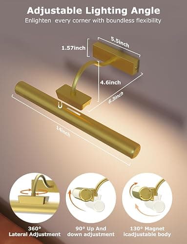 13" Aluminum Wireless Picture Lights for Wall, 5000mAh Rechargeable Battery Operated Wall Art Lighting, Dimmable 3-Color Gallery Painting Light for Pictures On Wall, with Remote/Timer [Gold, 2Pack] thumbnail 4