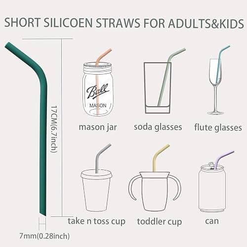 Reusable Thin Short 6.7" Cute Silicone Bendy Straws for Toddlers&Kids&Baby,6 10 12 oz Wine/Yeti Tumbler, Coffee/Cocktail Mug,Soda Cans,Take n toss Cup/BPA FREE-Small Flexible with Brushes thumbnail 3