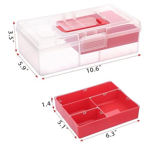 BTSKY 2 PCS Clear Plastic Storage Box with Removable Tray Multipurpose Stationery Storage Box with Handle Handy Sewing Box Art Craft Supply Organizer Home Utility Box (Red) thumbnail 3