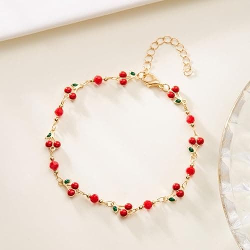 Gold Cherry Bracelet for Women Dainty Cherry Chain Bracelet Colorful Evil Eye Heart Link Bracelet Adjustable Summer Beach Jewelry thumbnail 5