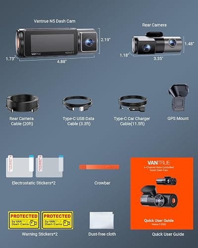 Vantrue N5 4 Channel WiFi 360° All Sides Dash Cam, STARVIS 2, IR Night Vision, 2.7K+1080P*3 Front Rear Inside Dashcam, Voice Control, GPS, 24 Hours Buffered Parking Mode Dash Camera, 512GB Max (N5) thumbnail 9