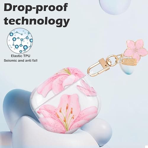 CameCosy Transparent Case Compatible for Airpods 4 Generation 2024 with Flower Pendant, Cute Cover with Pink Lily Flower Pattern for Girls, Protective Case in Shockproof Anti-Scratches Anti-Slip TPU thumbnail 2