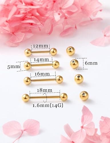 Msndnkwo 14G 16G Nipple Tongue Rings Stainless Steel Straight Barbells Piercing Jewelry Short Long Bar Silver Black Gold Bridge Piercings For Women Men 12Mm 14Mm 16Mm 18Mm Length Ball Size 5MM 6MM thumbnail 3
