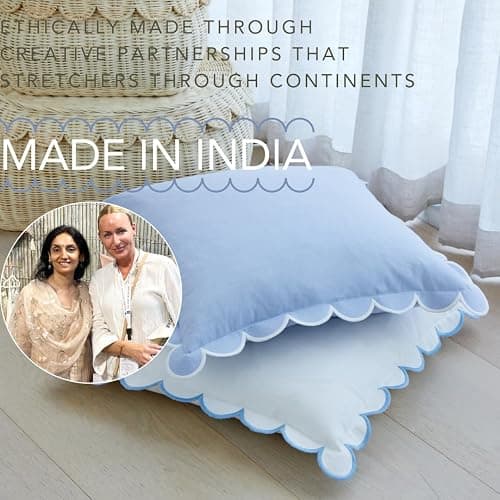 BEBE BASK Scalloped Pillow Cover - Set of 2-18 x 18 Inch - Scallop Pillow Cover – White and Blue Scalloped Pillows - Scallop Pillows - 100% Cotton - Grandmillennial Style (White/Blue) - White/Blue thumbnail 7
