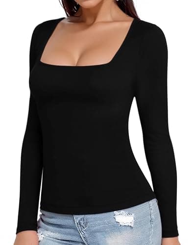 MANGOPOP Womens Square Neck T Shirts Long Sleeve Short Sleeve Tops Fitted Tees thumbnail 2