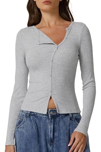 QINSEN Women's Long Sleeve Ribbed Crewneck Shirts Upper Button Fastening Going Out Tops - Image 1