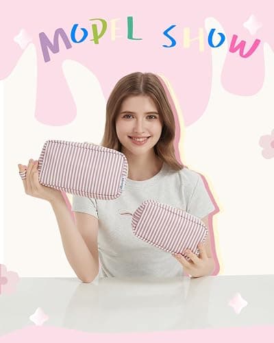 Narwey Cute Stripe Small Makeup Bag for Purse Make Up Bags Women with Comparments Travel Mini Cosmetic Bag Organizer Zipper Pouch for Teen Girls (Dusty Rose Stripe, Small) thumbnail 7