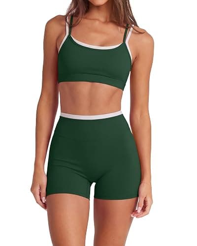 SUUKSESS Women 2 Pieces Workout Sets Padded Spaghetti Straps Camis High Waist Biker Shorts - Image 1