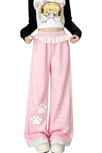 Women Kawaii Cat Paw Wide Leg Sweatpants Lace Trim Coquette Y2K Loungewear - Image 1