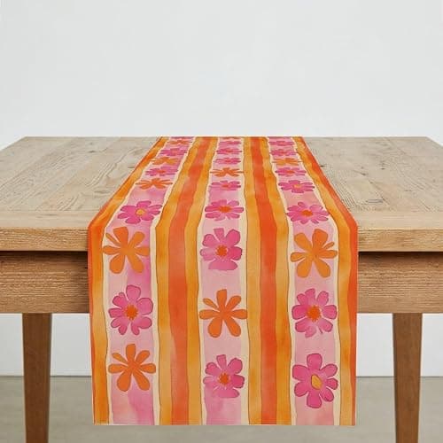 Pink Orange Stripes Floral Table Runner 72 Inches Long Linen Tabel Runner for Kithcen Table Decor Dining Room Decor for Home Kitchen Party Decorations Valentines Day Indoor Outdoor 13X72 Inch thumbnail 5