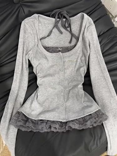 Fake 2 Piece Halter Lace Top Women Vintage Grunge 2000s Mcbling Tshirts 90s Long Sleeve Streetwear Y2k Shirts thumbnail 7