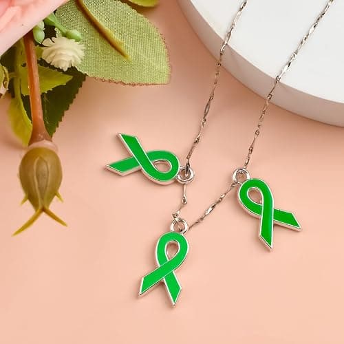 WANDIC 80 Pcs Green Ribbon Pendants, Plastic Silver-rimmed Mental Health Awareness Charms Environment protection Liver Cancer Accessory for Jewelry Making thumbnail 5