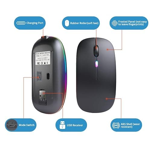 Wireless Bluetooth Mouse, Rechargeable, LED, Silent, Ultra-thin Design (Bluetooth 5.2 and 2.4GHz USB Receiver) | Portable Computer Mouse for Laptops, iPads, MacBooks and Apple Devices (Black) thumbnail 5