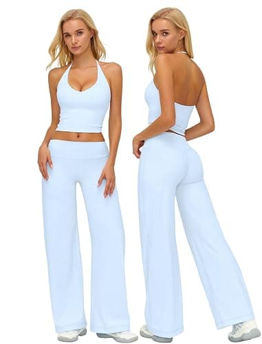QBGJTD Womens Workout Sets Two Piece Spaghetti Straps Crop Top Matching Straight Leg Pants Gym Work Pilates Outfits - Image 1