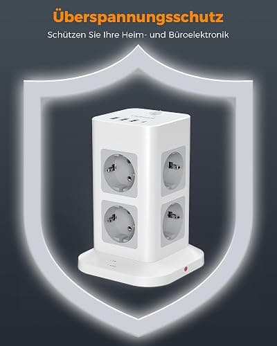 TESSAN 8 Fach Mehrfachsteckdose mit USB C, Verlängerungskabel 3M mit 4 USB und Steckdosenleiste Überspannungsschutz, 3600W Steckdosenturm mit Schalter, Steckdosenwürfel für Büro, Grau thumbnail 5