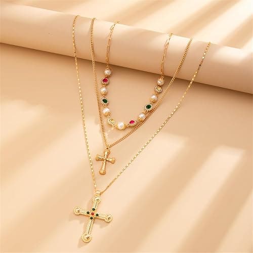 Vintage Layered Cross Necklaces Set for Women,Gold Long Chain Crystal Pendant Necklace Pearl Colorful Crystal Gemstone Necklace Multilayered Statement Necklaces Boho Summer Beach Jewelry thumbnail 3