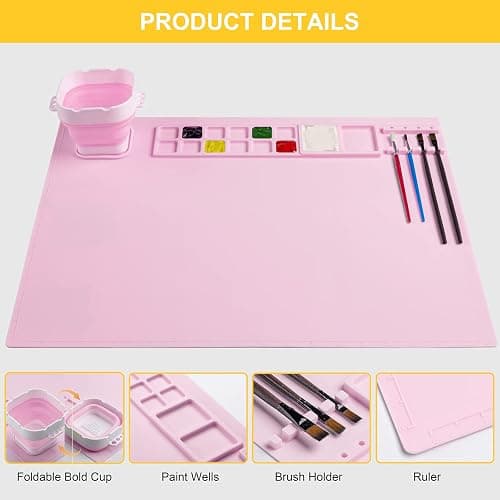 Silicone Painting Mat, Art Mat with Cup, Craft Paint Brush Cleaner Tool, Artist for Kids Gift Clay DIY Creations, Gift Packaged (Pink) thumbnail 3
