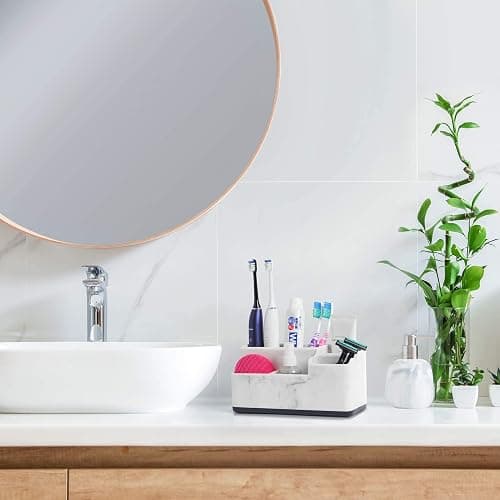 VITVITI Toothbrush Holder for Bathroom, Bathroom Storage Organizer, Small Counter Stand Accessories, for Toothpaste/Vanity Countertop, 5 Compartments Drainage Organization, White Resin of Marble Color thumbnail 6