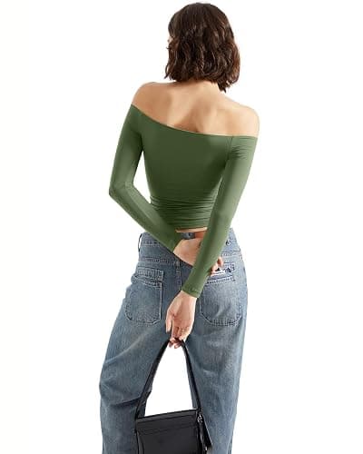 SUUKSESS Women Off Shoulder Double Lined Long Sleeve Shirts Basic Going Out Tops thumbnail 5
