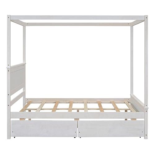 CITYLIGHT Canopy Bed Full Size with Drawers for Storage, Solid Wood Platform Bed with Headboard and 4 Poster, Brushed White thumbnail 4