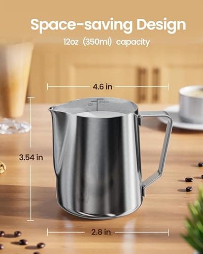 Maestri House Milk Frothing Pitcher, 12oz Espresso Steaming Pitcher Milk Frother Cup, Milk Coffee Cappuccino Latte Art, 304 Stainless Steel Jug Cup with Decorating Art Pen thumbnail 2