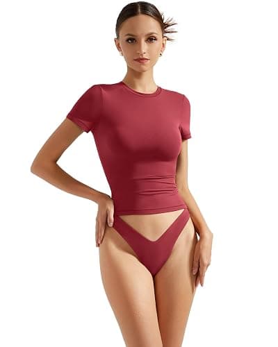 SUUKSESS Women Double Lined Fitted Basic Tee Crew Neck Short Sleeve Y2K Crop Top thumbnail 2