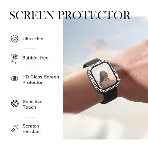 Adepoy for Apple Watch Case 44mm Series 6/5/4/SE with Tempered Glass Screen Protector, Double Bling Case Crystal Diamonds Rhinestone Bumper Overall Hard PC Slim Protective Cover For iWatch 44mm, Black thumbnail 3