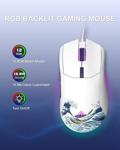 COSTOM Womier G705 USB Wired Gaming Mouse for PC Computer Windows Mac Laptop, Lightweight Silent RGB Backlit Mouse with Adjustable 12000DPI/7 Programmable Side Buttons,White Kanagawa Theme thumbnail 2