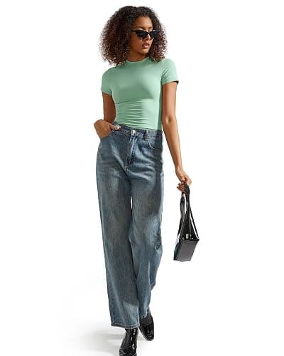SUUKSESS Women Double Lined Fitted Basic Tee Crew Neck Short Sleeve Y2K Crop Top thumbnail 6