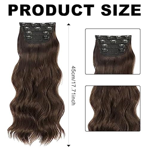 45cm Long Wavy Dark Brown Hair Extensions, 4PCS Clip in Synthetic Hairpieces for Women, Thick Natural Soft Curly Waves, Full Head Set, Ideal for Fashionable Women (Dark brown) thumbnail 2