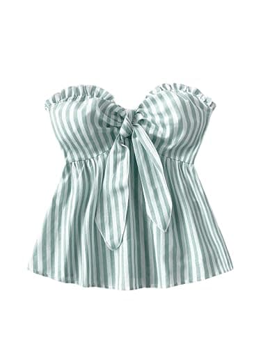 MakeMeChic Women's Striped Bandeau Shirt Bow Knot Frill Trim Ruffle Hem Shirred Summer Y2k Tube Top - Image 1