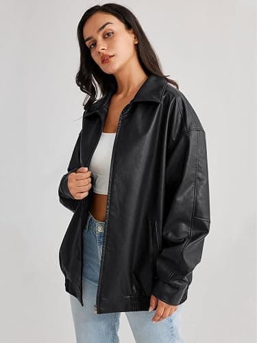 hathne Women's Oversized Leather Jackets Faux Zip Up Fall Fashion Motorcycle Jackets Coats Winter Clothes thumbnail 6
