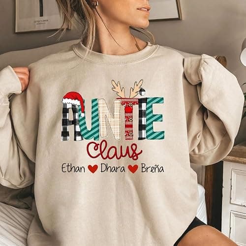 GODMERCH Aunt Claus Personalized Aunt Nickname with Kid Names Sweatshirt, Custom Aunt Gift, Christmas Women Sweater thumbnail 2