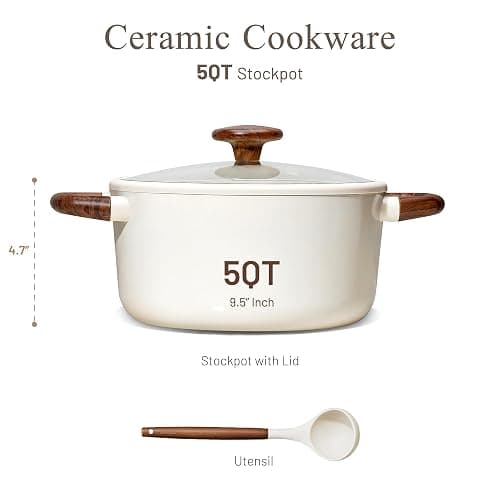 CAROTE 5QT Nonstick Stock Pot with Lid, 5 Quart Casserole with Ladle, Even Heating Stockpot, Fits All Stoves, Non Stick Big Cooking Pots PFOA Free, White thumbnail 3