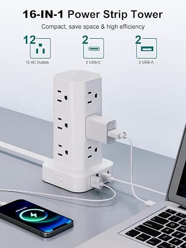 Power Strip Tower Surge Protector, 6FT Flat Plug Extension Cord with Multiple Outlets, 12 AC Outlets 4 USB (2 USB C), Desktop Charging Station with Surge Protection for Home Office Dorm Room, White thumbnail 2
