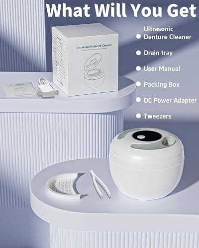 Dental Ultrasonic Retainer Cleaner Machine 45kHz, UV Denture Cleaner with 4 Modes Digital Timer, Portable 200ML UltraSonic Cleaning Pod for Night Mouth Guard, Aligner, Braces, Jewelry and More-White thumbnail 9