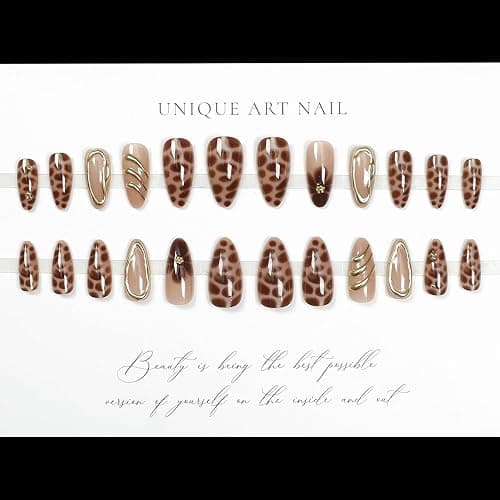 LPOODDNU Brown Almond Press on Nails - Medium Leopard Fake Nails with 3D Gold&Flower Designs, Glossy Finished Reusable False Nails with Double Adhesive Glue Tabs - 24Pcs Nail Kit for Women Manicure thumbnail 4